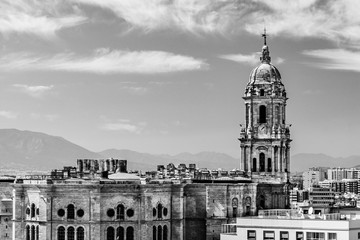 The Cathedral of Malaga skyline in black and white