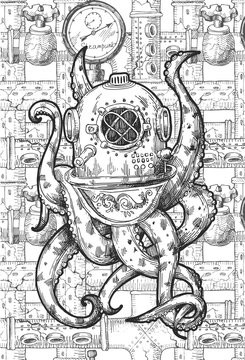 Octopus in a old diving helmet. Hand drawn vector illustration.