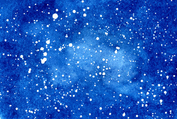 Rain drops on the window. Abstract blue background. Night sky with stars imitation. Watercolor hand drawn wet texture. Space galaxy painting. Romantic pattern