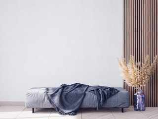Scandinavian interior design of blue living room with modern furniture, vintage wallpaper background with wooden decoration, home decor, Poster mock up