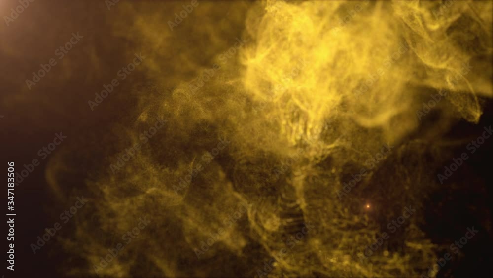 Poster digitally generated motion graphic mysterious abstract gold smoke particles flowing in the cyber aby