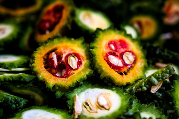 close up of bitter gourd slices