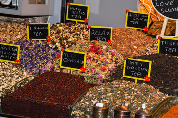 Assorted tea and spices specialties in Istanbul Turkey, Grand Bazaar