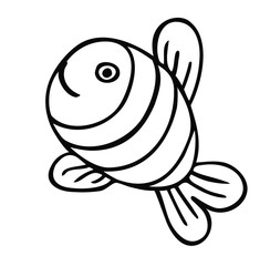 Happy childish fish character illustration hand drawn with black ink - coloring page, vector