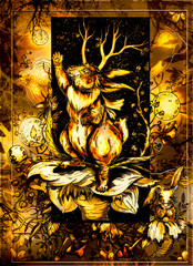 Magic creature, rabbit with long ears, branching horns and small wings stands on big flower, surrounded by moons, clouds, vegetation and leaves with baby bunny growing from the root of the plant.