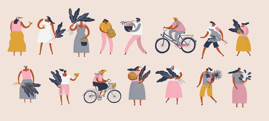 Men and women cartoon characters in flat style, with exotic tropical fruits flowers and  banana leaves, vector illustration.