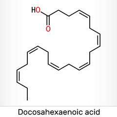 Docosahexaenoic acid, DHA, doconexent, cervonic acid molecule. It is omega-3 fatty acid. Skeletal chemical formula