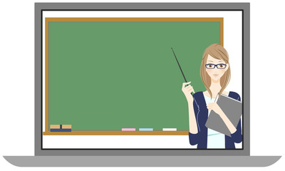 オンライン授業　ノートパソコン　塾　スクール　笑顔の女性講師