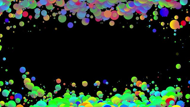 4k looped abstract background with beautiful multi-colored balls like paint bubbles or dye droplets in water in flat style. 3d with luma matte as alpha channel. Center is free to insert, copy space 18