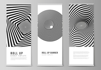 The vector illustration layout of roll up banner stands, vertical flyers, flags design business templates. Abstract 3D geometrical background with optical illusion black and white design pattern.
