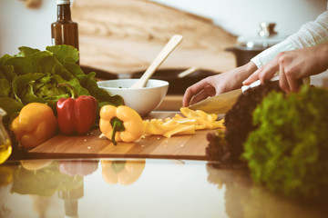 Unknown human hands cooking in kitchen. Woman slicing yellow bell pepper. Healthy meal, and vegetarian food concept