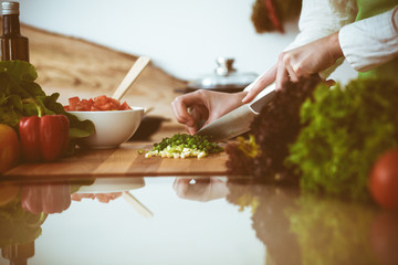 Unknown human hands cooking in kitchen. Woman slicing green onion. Healthy meal, and vegetarian food concept