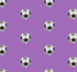 Seamless pattern with soccer balls. Purple background, vector.