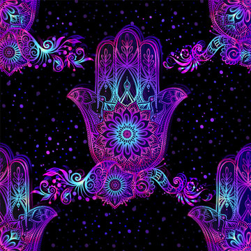 Seamless pattern with ornate hand drawn hamsa. Popular Arabic and Jewish amulet. Vector illustration. Vector illustration in neon, fluorescent colors.