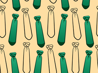 Green and black outline style neckties seamless pattern. Decoration for greeting card, wrapper and textile. Yellow background, vector.