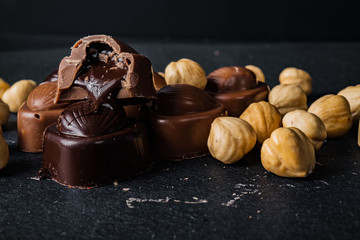 Homemade belgian chocolate. Close-up chocolate.  Religious Holiday, The Sugar Feast After Ramadan. Blurred background. Copy space for text message.