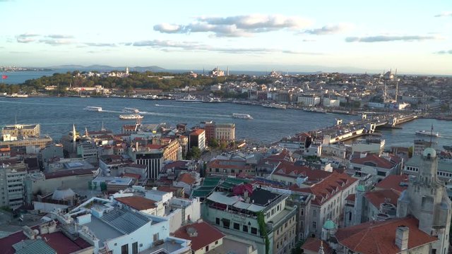 ISTANBUL, TURKEY, May 23rd 2018: Panoramic view Bosphorus. Aerial view of Istanbul City from Golden Horn on a beautiful Istanbul day. 4k video.