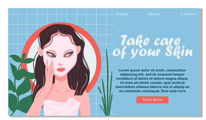 Facial sheet mask landing page. Woman using a mask for her skin. Vector illustration in flat style.