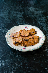 Organic Healthy Raw Oat Cake Slices Square Shaped with Banana and Chocolate Chips