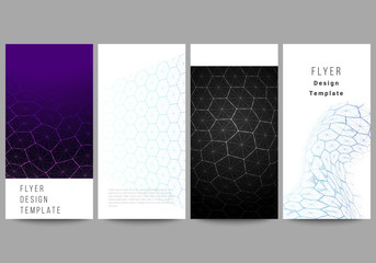 The minimalistic vector illustration layout of flyer, banner design templates. Digital technology and big data concept with hexagons, connecting dots and lines, polygonal science medical background.