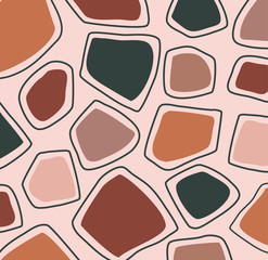 Modern and stylish templates with organic abstract shapes in brown, pink, orange, green. Greeting cards, flyers, newsletter, branding design, covers. Seamless pattern in pastel pink.