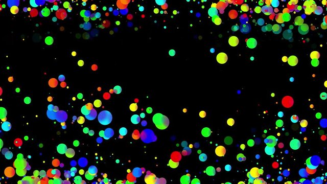 4k looped abstract background with beautiful multi-colored balls like paint bubbles or dye droplets in water in flat style. 3d with luma matte as alpha channel. Center is free to insert, copy space 15