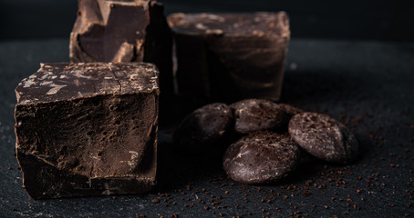 Homemade belgian chocolate. Close-up chocolate.  Religious Holiday, The Sugar Feast After Ramadan. Blurred background. Copy space for text message.