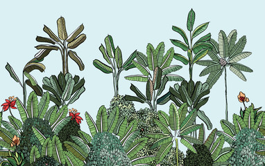 Dschungel exotischer tropischer Wald Bananenbaum Blumengrenze, Panorama-Ansicht tropisches Wandbild Wallpaper Design, horizontale Landschaft Paradies Illustration, Sommerurlaub Hawaii