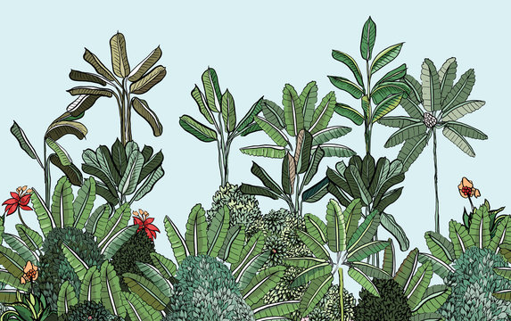 Tropisch woud met bananenbomen en bloemen