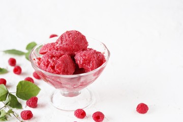 natural homemade ice cream raspberry sorbet in kremanke and fresh raspberries on a light background. place for text. copy space