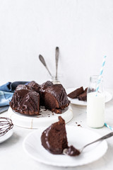 Homemade Chocolate bundt cake with melted chocolate on white background.Close up view, selective focus