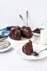 Homemade Chocolate bundt cake with melted chocolate on white background.Close up view, selective focus