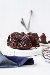 Homemade Chocolate bundt cake with melted chocolate on white background.Close up view, selective focus