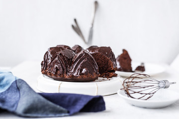 Homemade Chocolate bundt cake with melted chocolate on white background.Close up view, selective focus