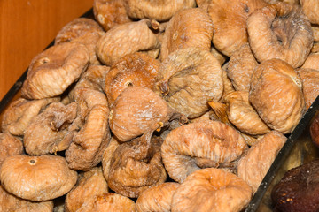 Counter with various dried fruits on the Grand Bazaar in Istanbul, Turkey
