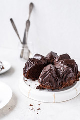 Homemade Chocolate bundt cake with melted chocolate on white background.Close up view, selective focus