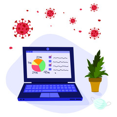 The concept of work at home during an outbreak of the COVID-19 virus. People work at home to prevent a viral infection. Vector illustration of a laptop on a table on a background of viruses