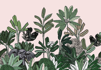 Frontière sans couture Inde Style palmiers plantes exotiques, éléphant de la faune et paresseux sur fond rose de bananiers, animaux dans la jungle panorama paysage papier peint mural