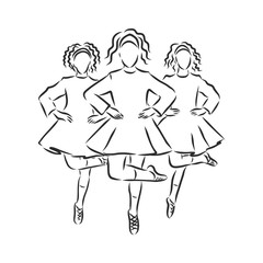 Irish Dance Troupe Jumping Together in Traditional Dresses and Ghillies. Irish dancing vector sketch illustration