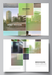 Vector layout of two A4 cover mockups design templates for bifold brochure, flyer, magazine, cover design, book design, brochure cover. Abstract project with clipping mask green squares for your photo