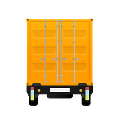 Truck rear view. Yellow truck. Design element on the topic of transportation and delivery of goods. Isolated. Vector.