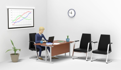 Man is working with a laptop sitting in an armchair near the desk in the office. 3D illustration