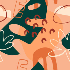 Seamless pattern with leaves, plants and abstract design elements