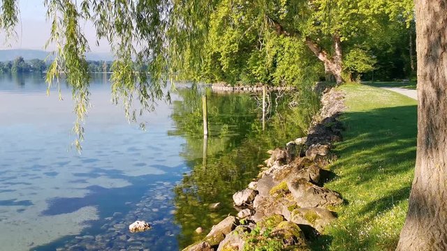 green park and blue lake near a lake in Switzerland. Perfect location for Yoga lifestyle