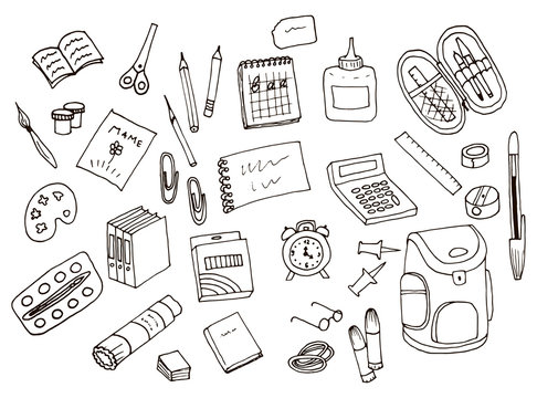 School subject. Office supplies. A set of drawings by hand.