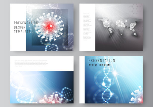 Vector layout of the presentation slides design business templates, multipurpose template for presentation report. 3d medical background of corona virus. Covid 19, coronavirus infection. Virus concept