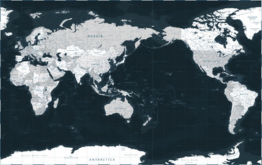 World Map - Pacific View - Asia China Center - Dark Black Grayscale Political - Vector Detailed Illustration © Porcupen