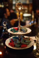 cakes on the table in a restaurant
