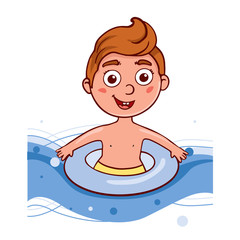  Simple flat illustration a boy swims in a lifebuoy. Doodle sketch baby in a swimsuit 