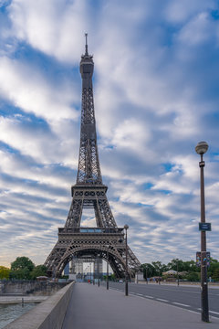 Paris, France - 05 06 2020: Quays of the Seine. View of Eiffel Tower from Iena Bridge during confinement against coronavirus